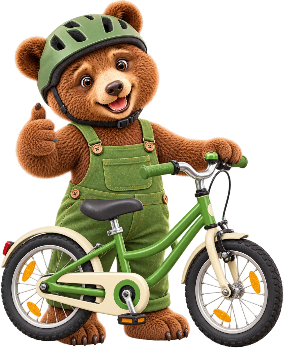Louis, unser Schulbär, mit Fahrradhelm neben seinem grünen Fahrrad