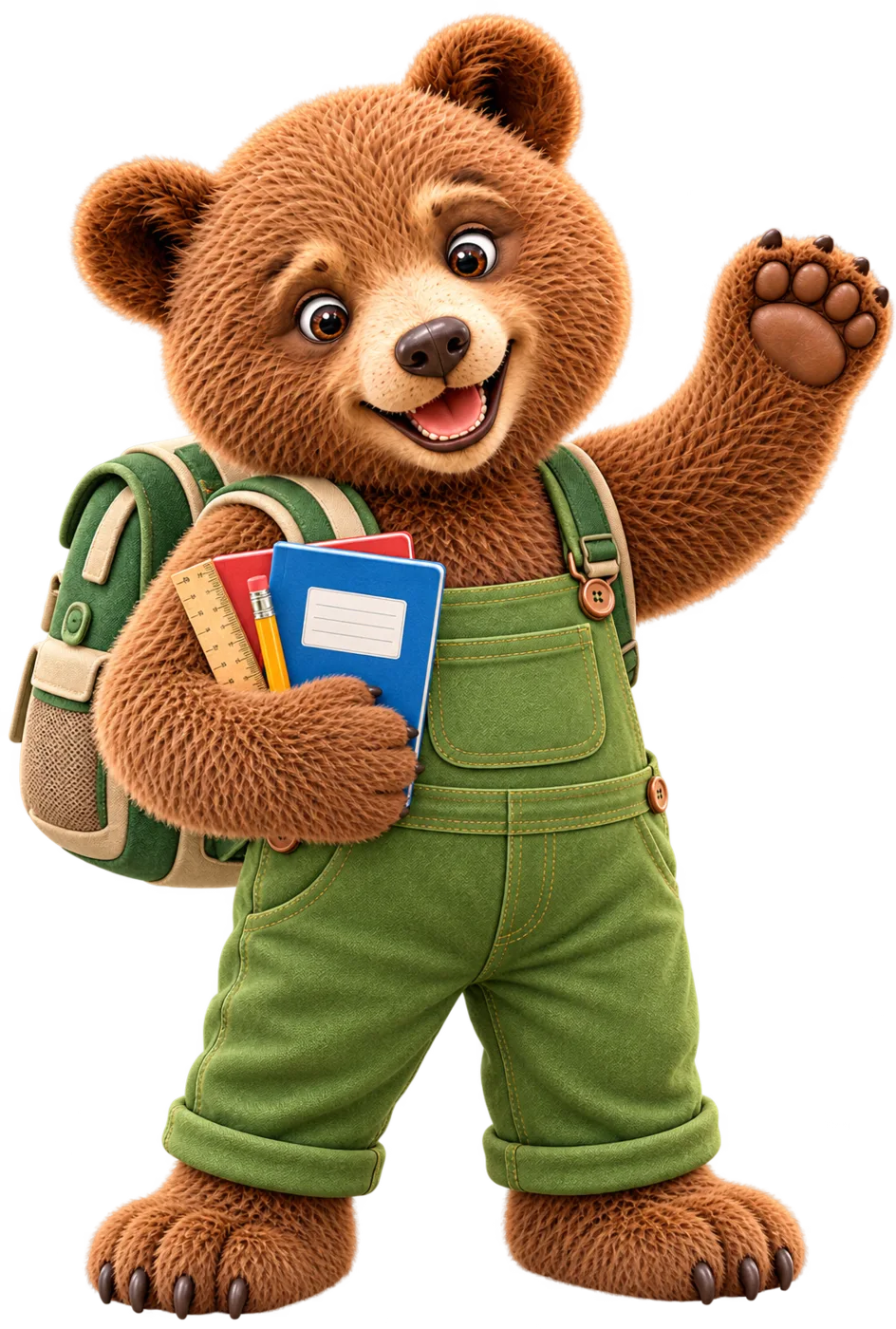 Louis, unser Schulbär, mit Schulranzen und Heften unterm Arm