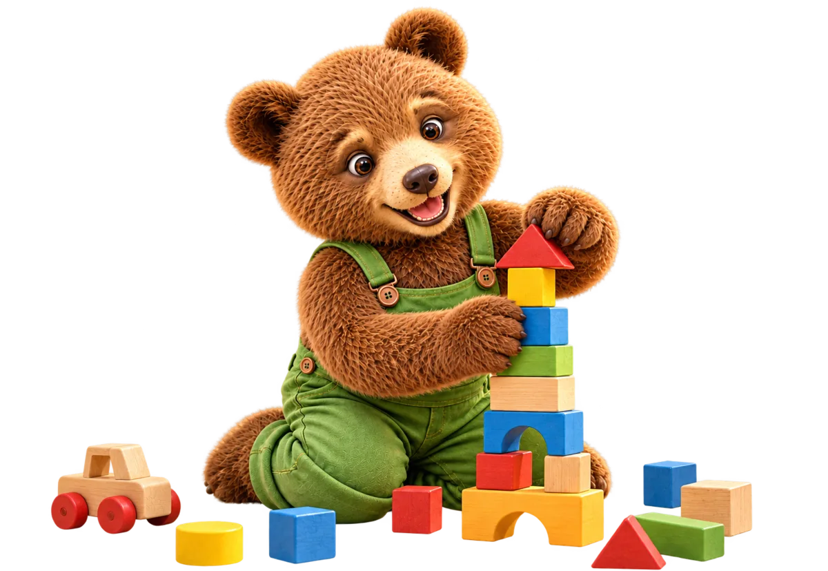 Louis, unser Schulbär, baut mit bunten Holzklötzen einen Turm