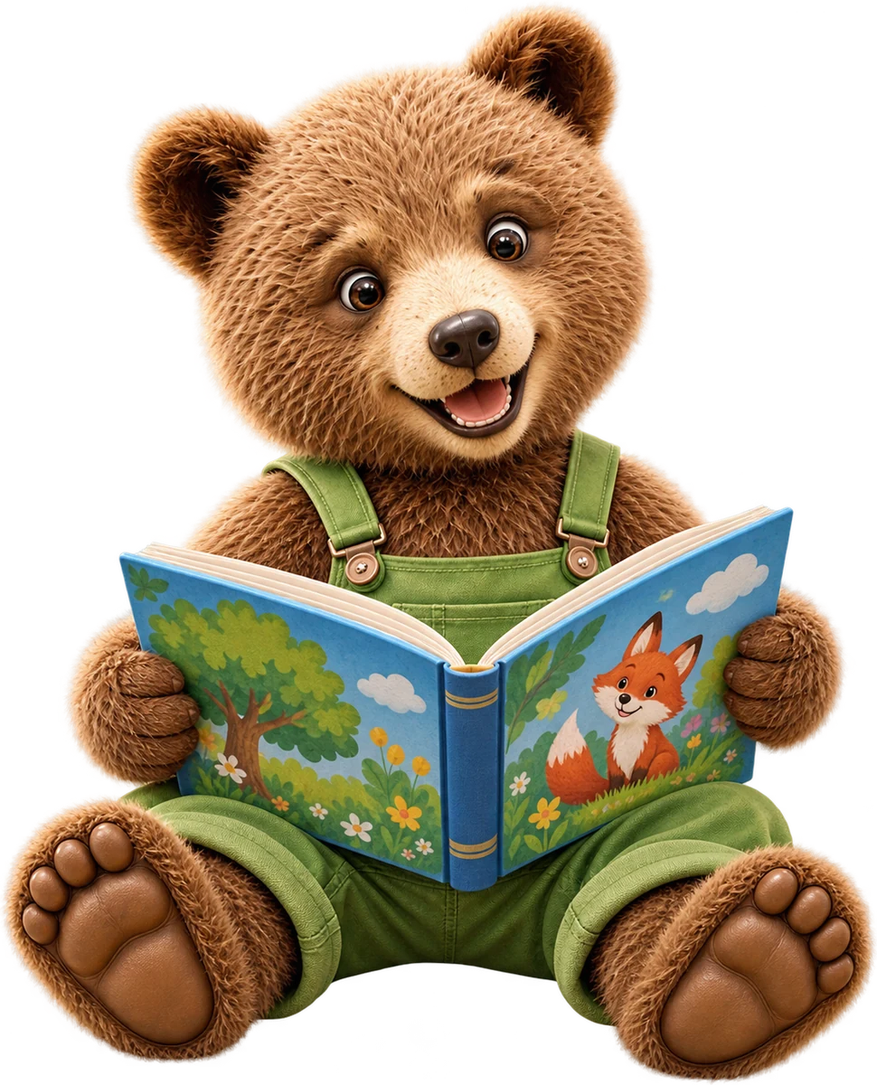 Louis, unser Schulbär, liest ein Bilderbuch
