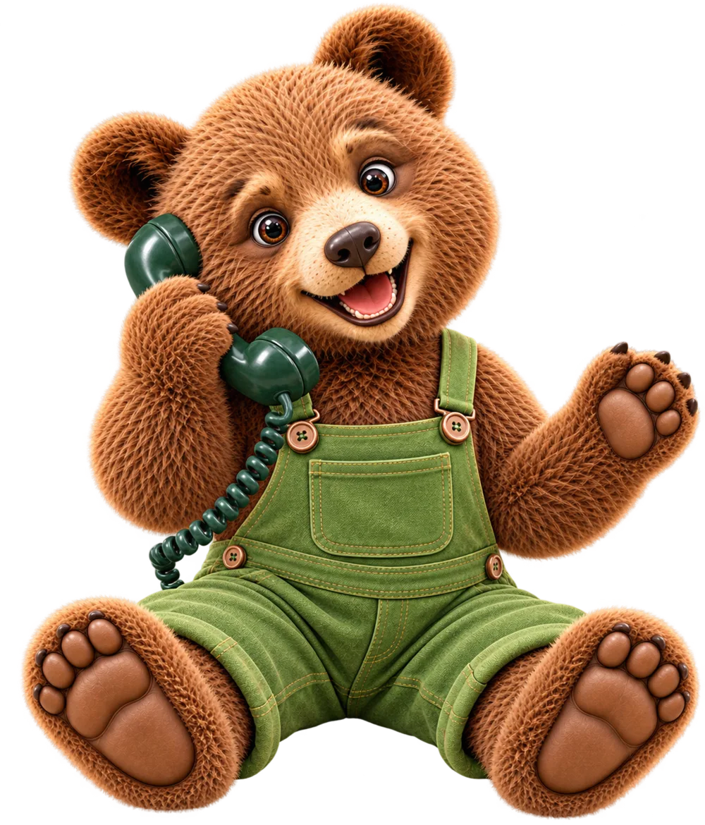Louis, unser Schulbär, sitzt mit einem Telefonhörer am Ohr und winkt