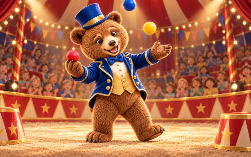 Louis, unser Schulbär, jongliert als Zirkusdirektor mit Bällen in der Manege