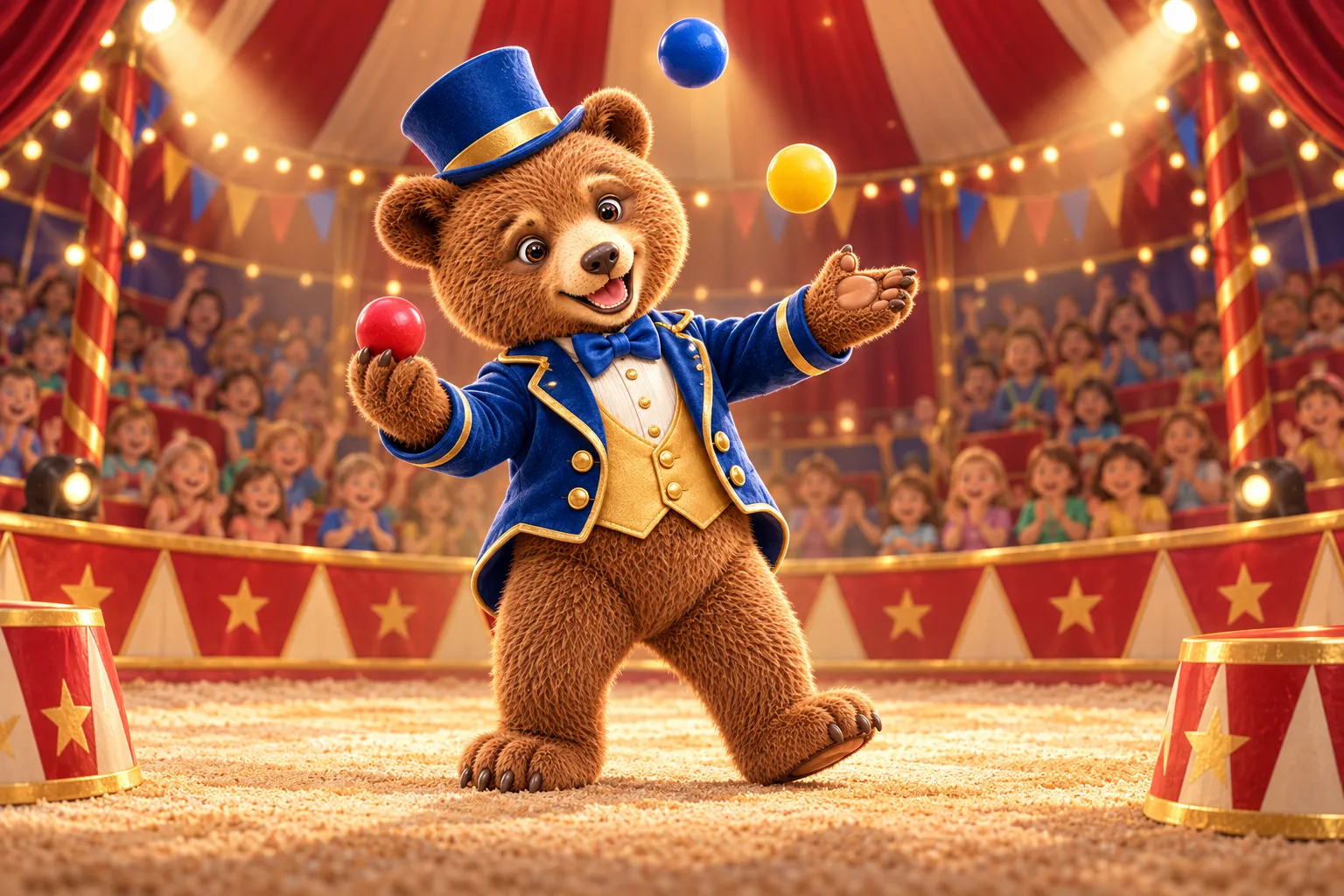 Louis, unser Schulbär, jongliert als Zirkusdirektor mit Bällen in der Manege